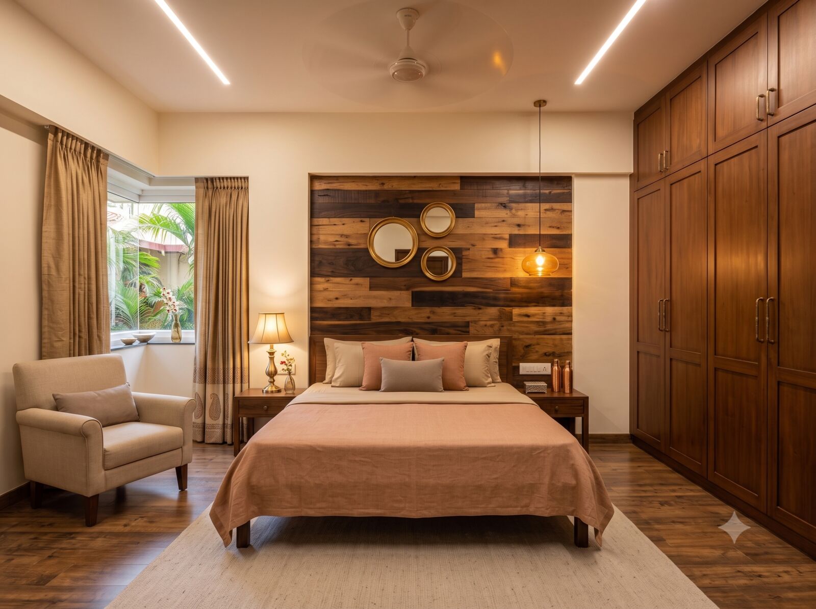 Wood-panelled feature wall and finishes