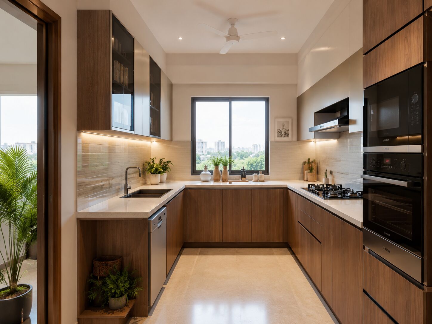 Modular kitchen design in warm wood
